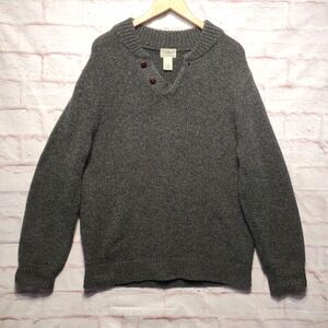 L.L. Bean Gray Lambswool Henley Sweater Heavy Thick Knit Mens Large‎ Heritage